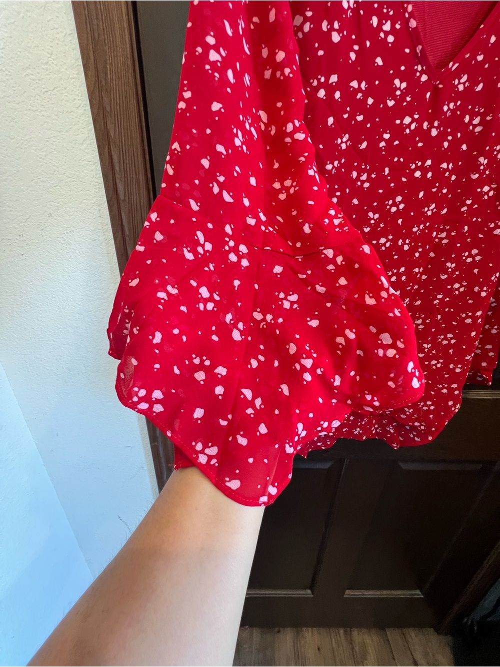 Red V-Neck Women's Top with White Dot Print - Picture 2 of 5